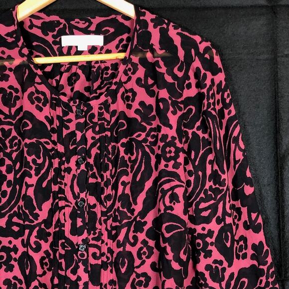 Ann Taylor  LOFT Womens Blouse Maroon Black Floral Long Sleeve Sheer Large - Picture 4 of 11